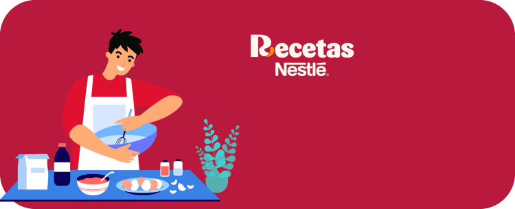 Una imagen de un hombre preparando una receta de Nestlé. Texto en la imagen: Recetas Nestlé.