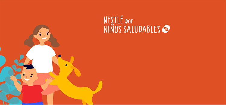 Una imagen de dos niños con un perro, sobre un fondo rojo. Texto en la imagen: NESTLÉ por NIÑOS SALUDABLES.