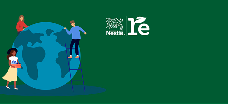 Una imagen de personas cuidando el planeta Tierra. Un hombre en una escalera, dos mujeres cerca de un globo terráqueo.