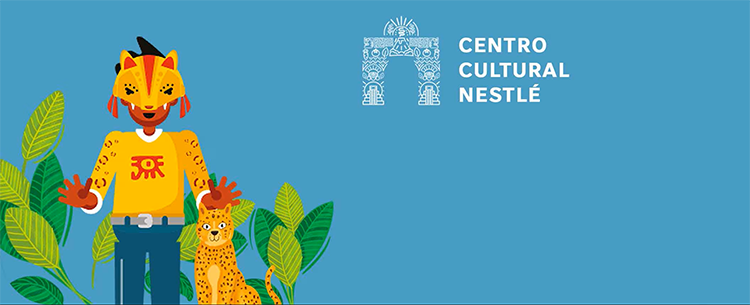 Una imagen de un niño con máscara de jaguar y un ocelote, junto a follaje. Texto en la imagen: CENTRO CULTURAL NESTLÉ.