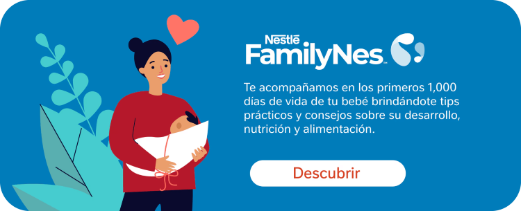 Una imagen de una madre sonriendo y abrazando a su bebé envuelto, con fondo azul. Texto: Nestlé FamilyNes.